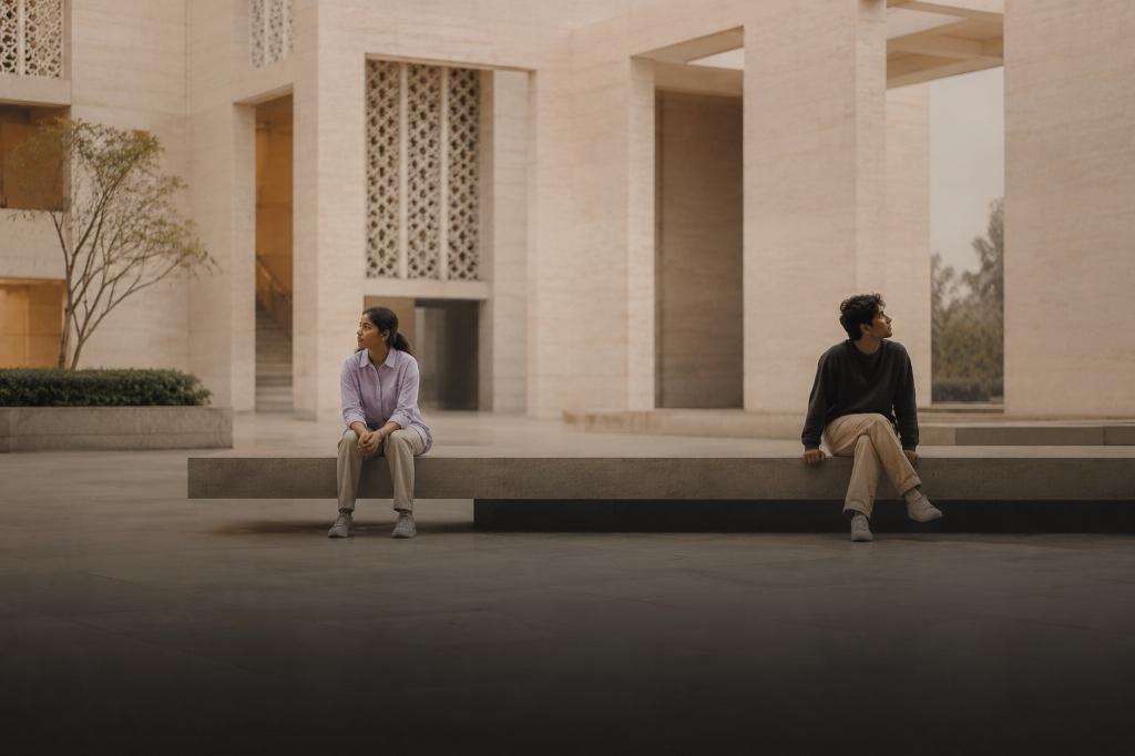 Two college students sitting silently apart on a stone bench in a courtyard, reflecting in quiet thought