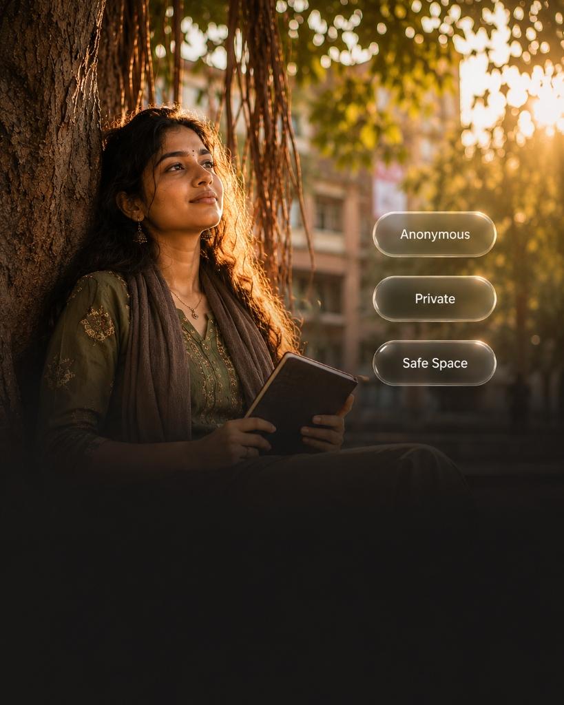 Student sitting peacefully under a tree, journaling in golden hour light