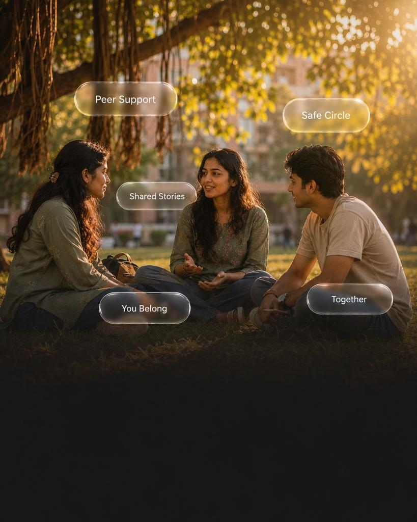 Three students sitting together on campus grass, talking and supporting each other